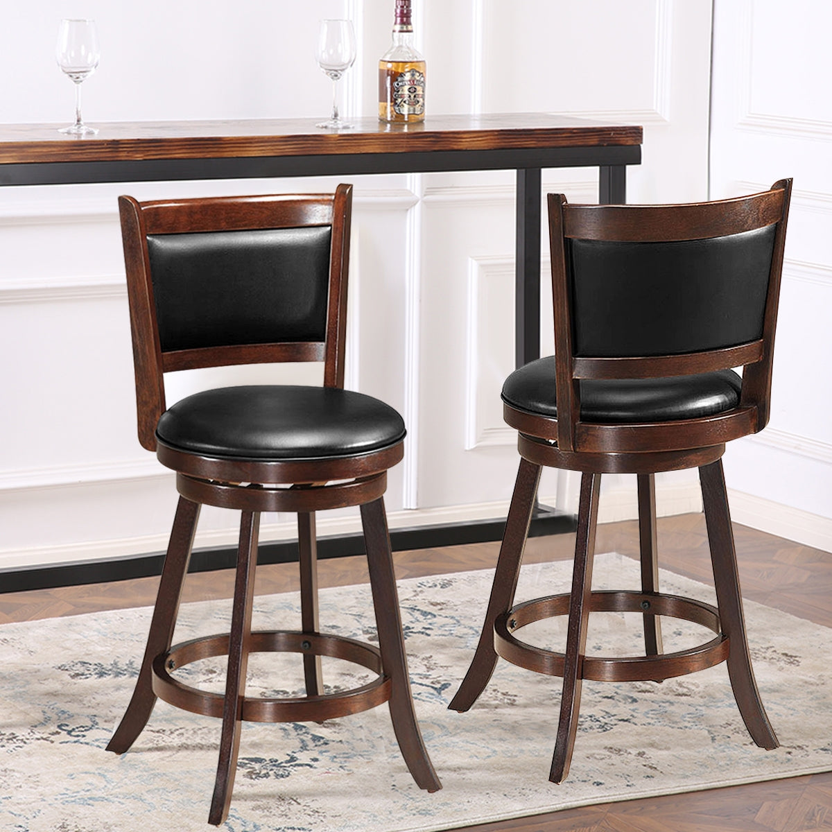 2 Pieces 24 Inch Swivel Counter Stool Dining Chair Upholstered Seat, Dark Brown Bar Stools   at Gallery Canada