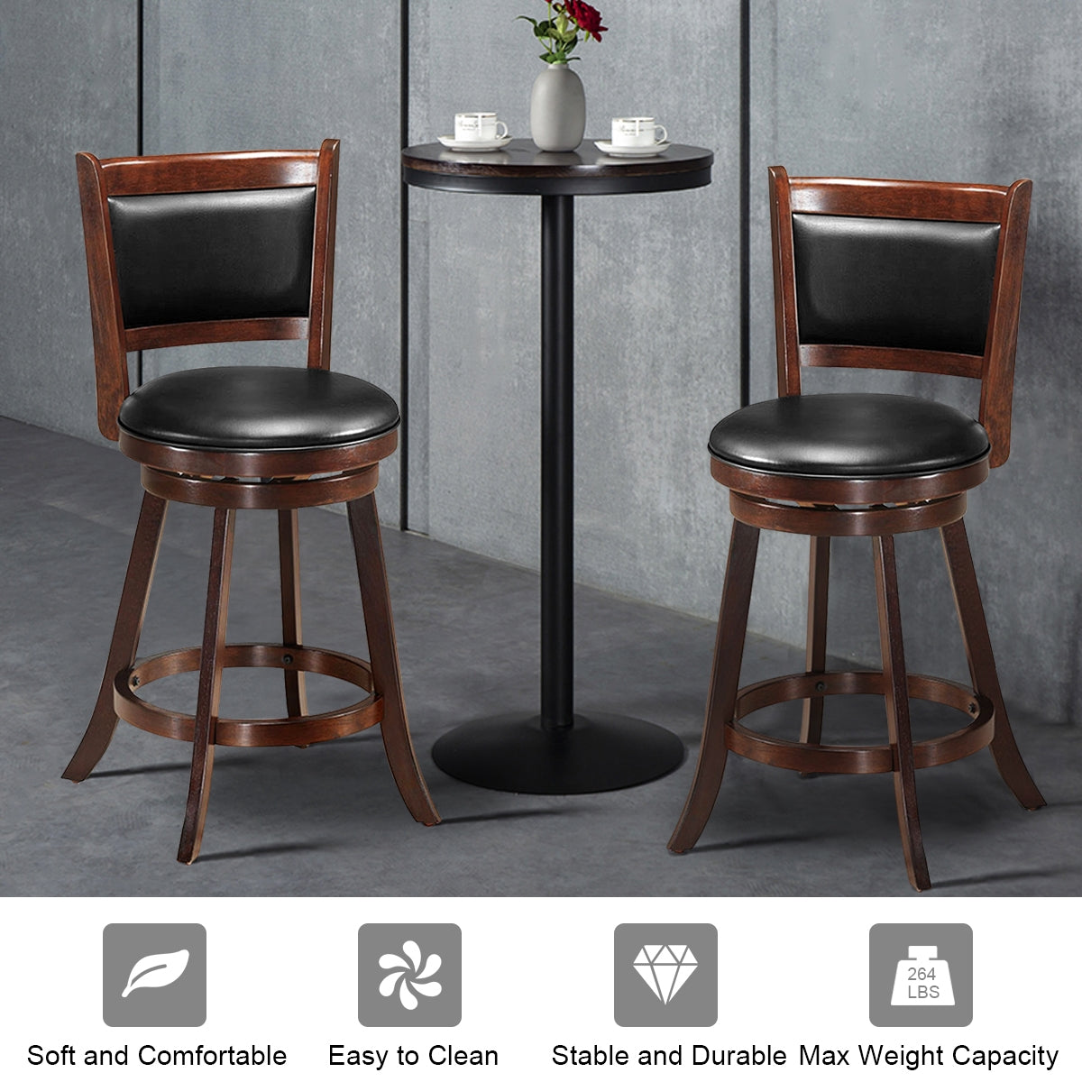 2 Pieces 24 Inch Swivel Counter Stool Dining Chair Upholstered Seat, Dark Brown Bar Stools   at Gallery Canada