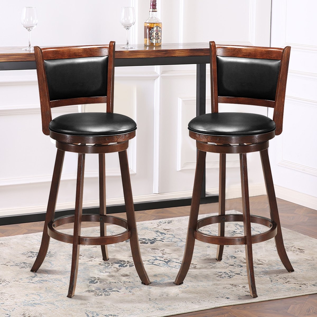 Set of 2 29 Inch Swivel Bar Height Stool Wood Dining Chair Barstool, Brown Bar Stools   at Gallery Canada