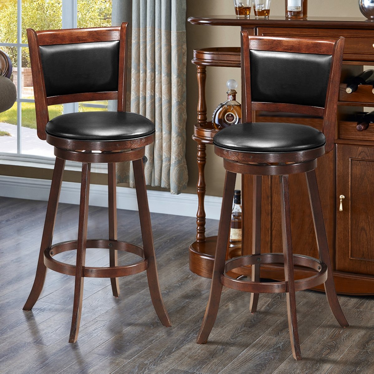 Set of 2 29 Inch Swivel Bar Height Stool Wood Dining Chair Barstool, Brown Bar Stools   at Gallery Canada