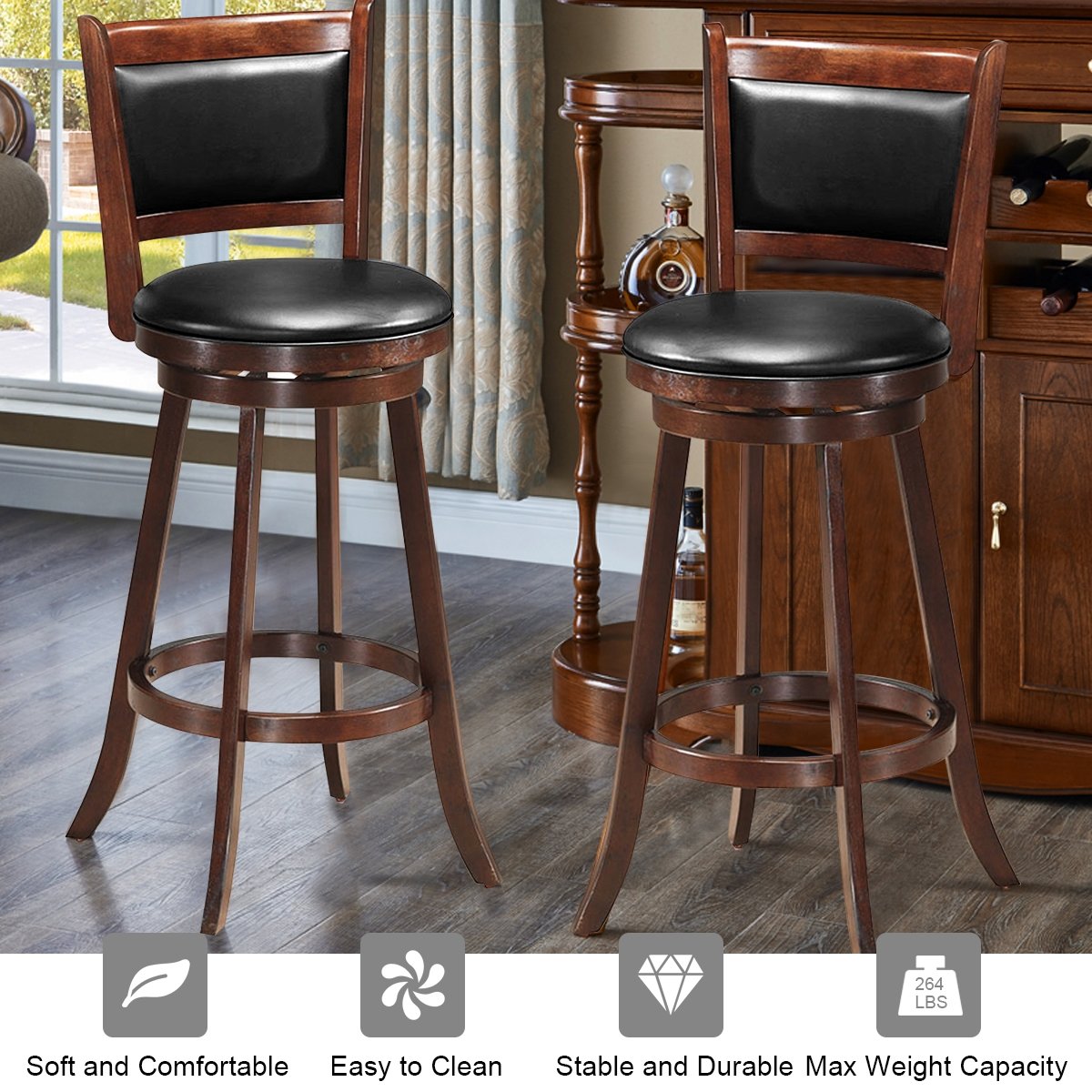 Set of 2 29 Inch Swivel Bar Height Stool Wood Dining Chair Barstool, Brown Bar Stools   at Gallery Canada