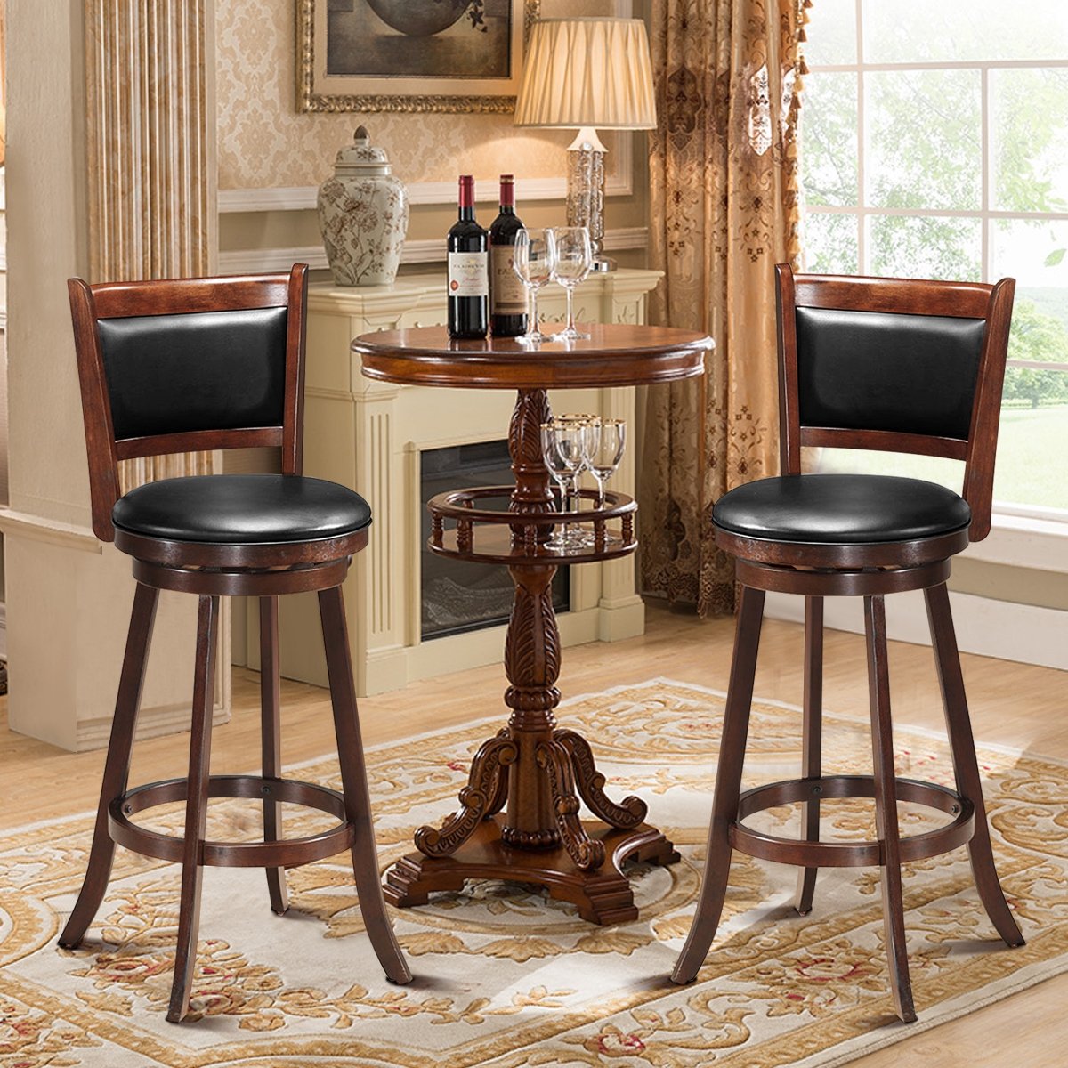 Set of 2 29 Inch Swivel Bar Height Stool Wood Dining Chair Barstool, Brown Bar Stools   at Gallery Canada