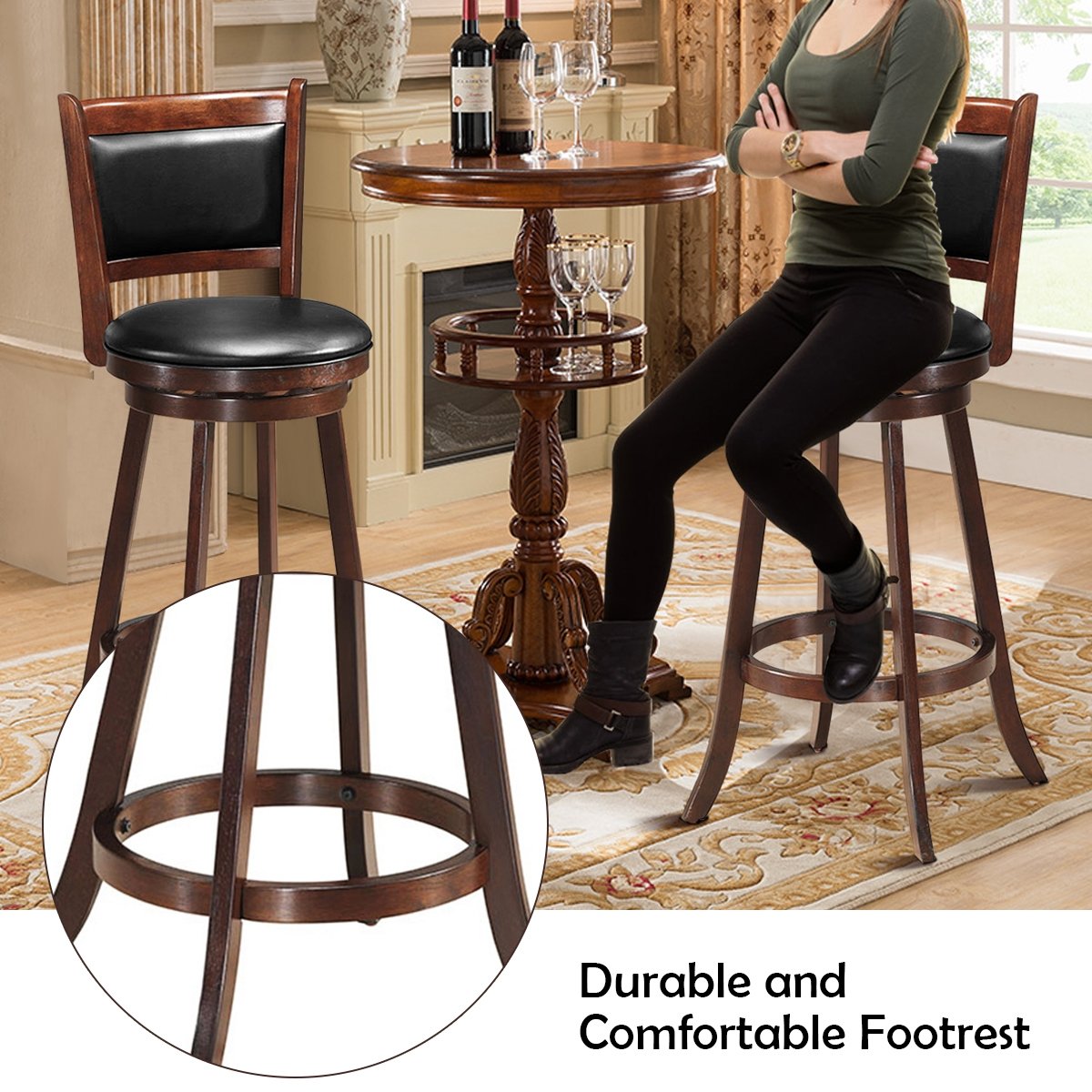 Set of 2 29 Inch Swivel Bar Height Stool Wood Dining Chair Barstool, Brown Bar Stools   at Gallery Canada