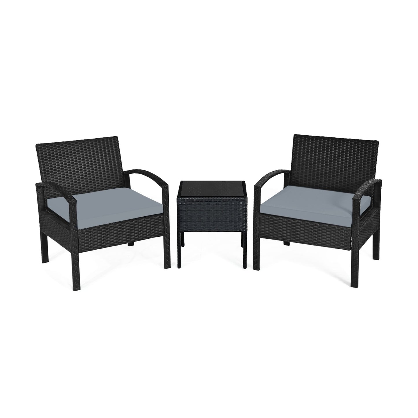 3 Pieces Outdoor Rattan Patio Conversation Set with Seat Cushions, Gray Patio Conversation Sets   at Gallery Canada