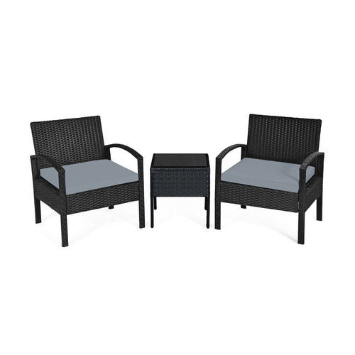 3 Pieces Outdoor Rattan Patio Conversation Set with Seat Cushions, Gray