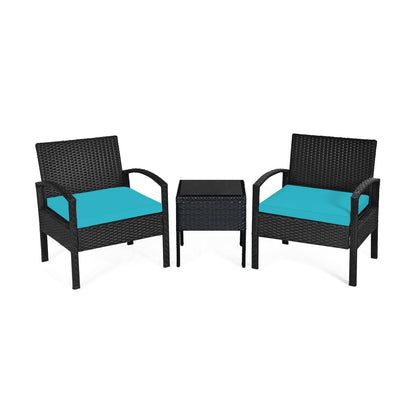 3 Pieces Outdoor Rattan Patio Conversation Set with Seat Cushions, Turquoise Patio Conversation Sets   at Gallery Canada