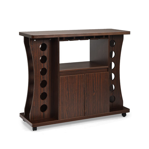 Rolling Buffet Sideboard Wooden Bar Storage Cabinet, Walnut