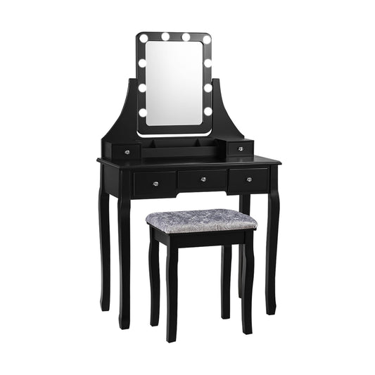 Vanity Dressing Table Set with 10 Dimmable Bulbs and Cushioned Stool, Black Makeup Vanities   at Gallery Canada