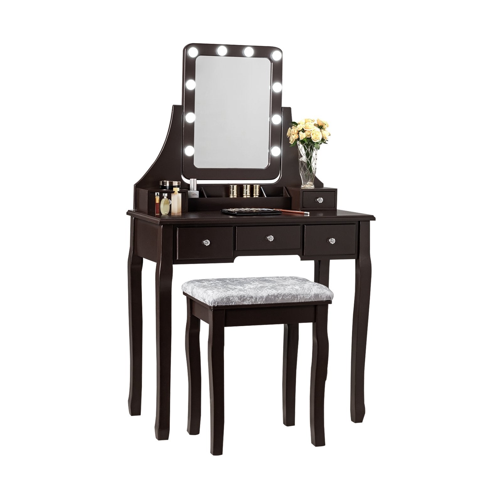 Vanity Dressing Table Set with 10 Dimmable Bulbs and Cushioned Stool, Brown Makeup Vanities   at Gallery Canada