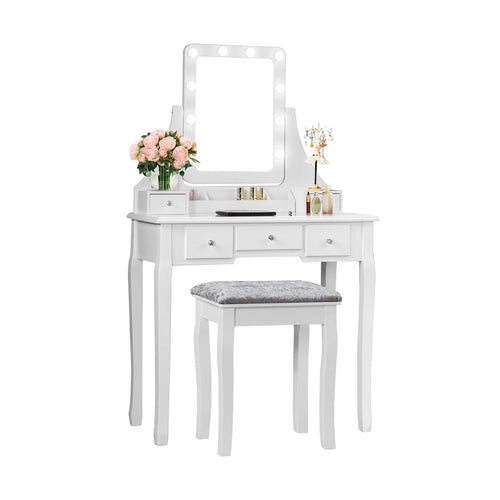 Vanity Dressing Table Set with 10 Dimmable Bulbs and Cushioned Stool, White