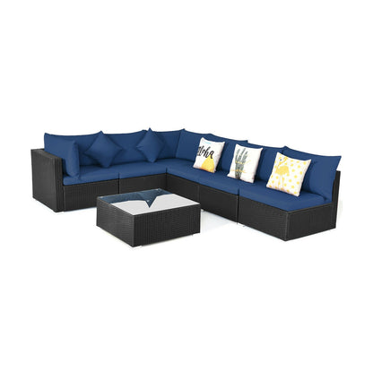 7 Pieces Outdoor Wicker Patio Sofa Set with 2 Pillows and Cushions, Navy Outdoor Sectionals Navy  at Gallery Canada