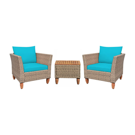 3 Pieces Patio Rattan Furniture Set with Washable Cushion for Yard Porch, Turquoise Patio Conversation Sets   at Gallery Canada