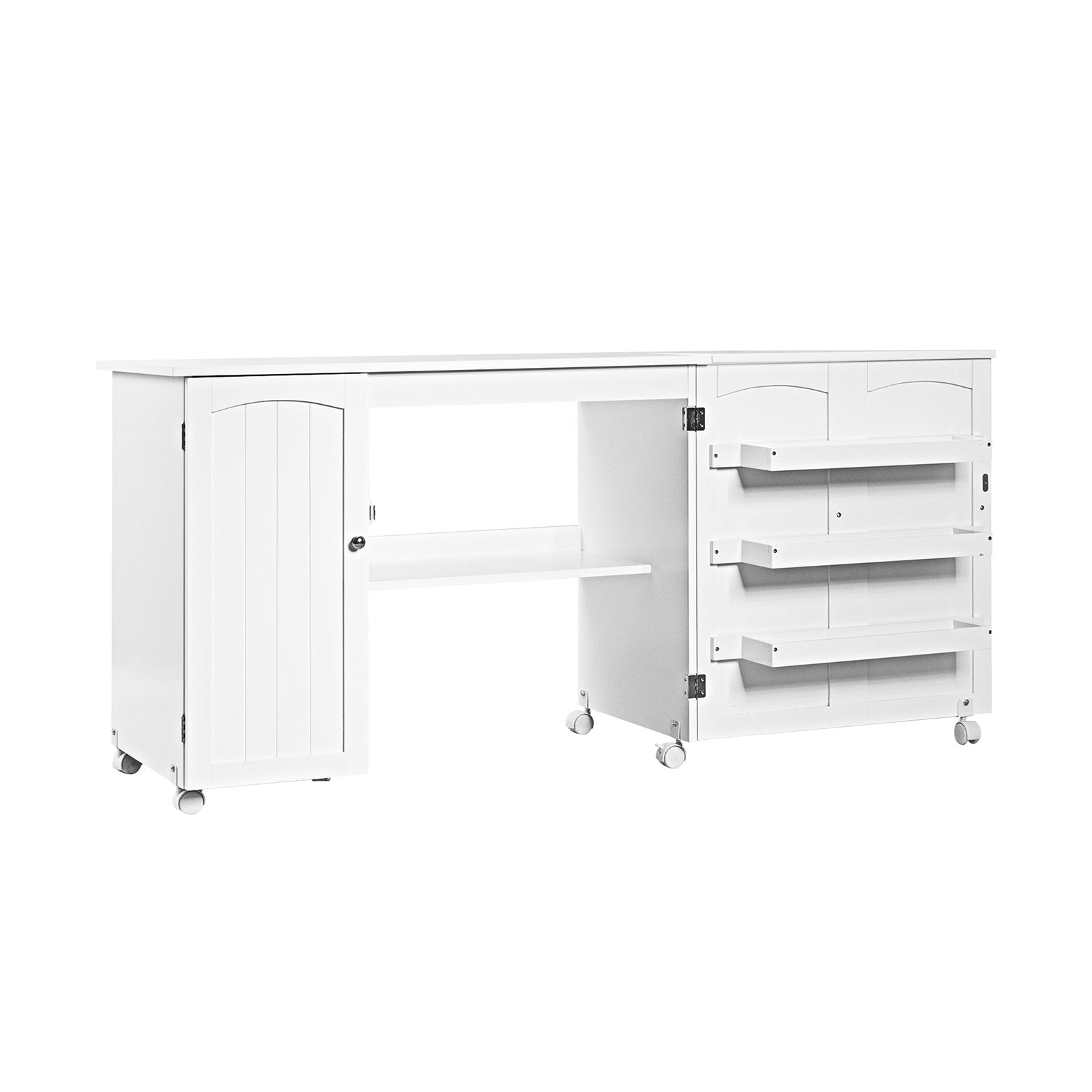 Folding Sewing Table Shelves Storage Cabinet Craft Cart with Wheels, White Sewing Tables   at Gallery Canada