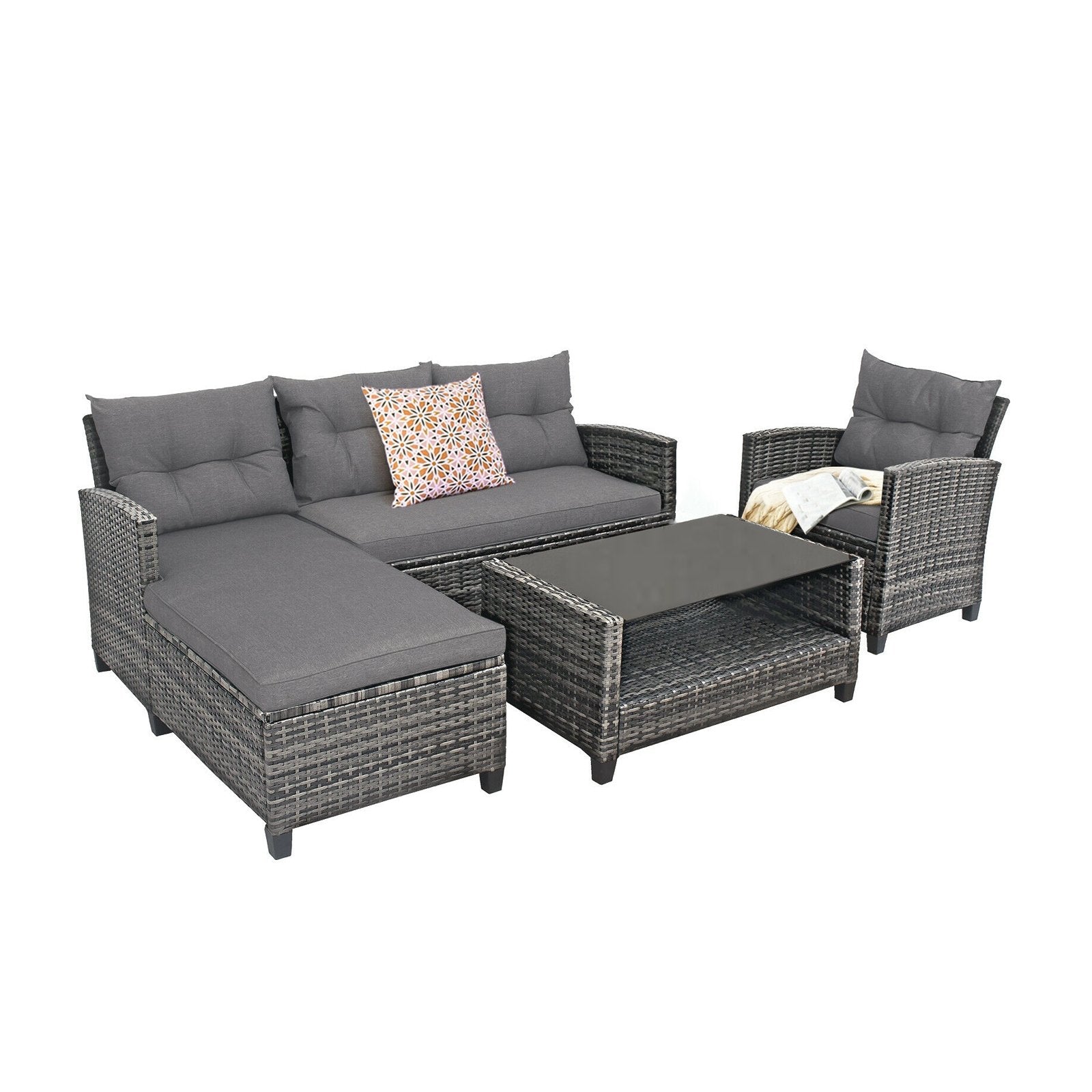 4 Pieces Patio Rattan Furniture Set with Cushion and Table Shelf, Gray Outdoor Sectionals   at Gallery Canada