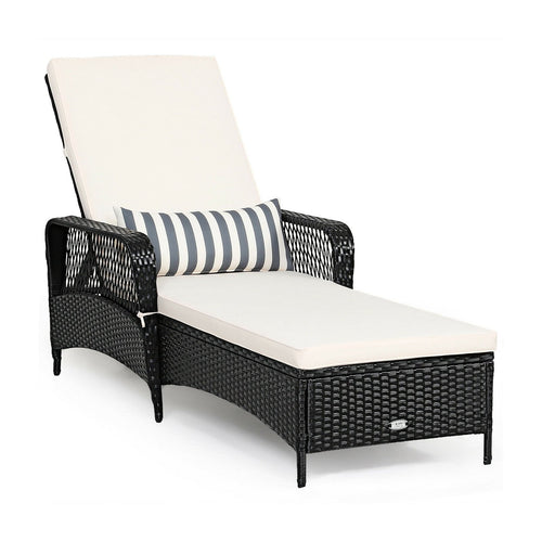 PE Rattan Armrest Chaise Lounge Chair with Adjustable Pillow, Black