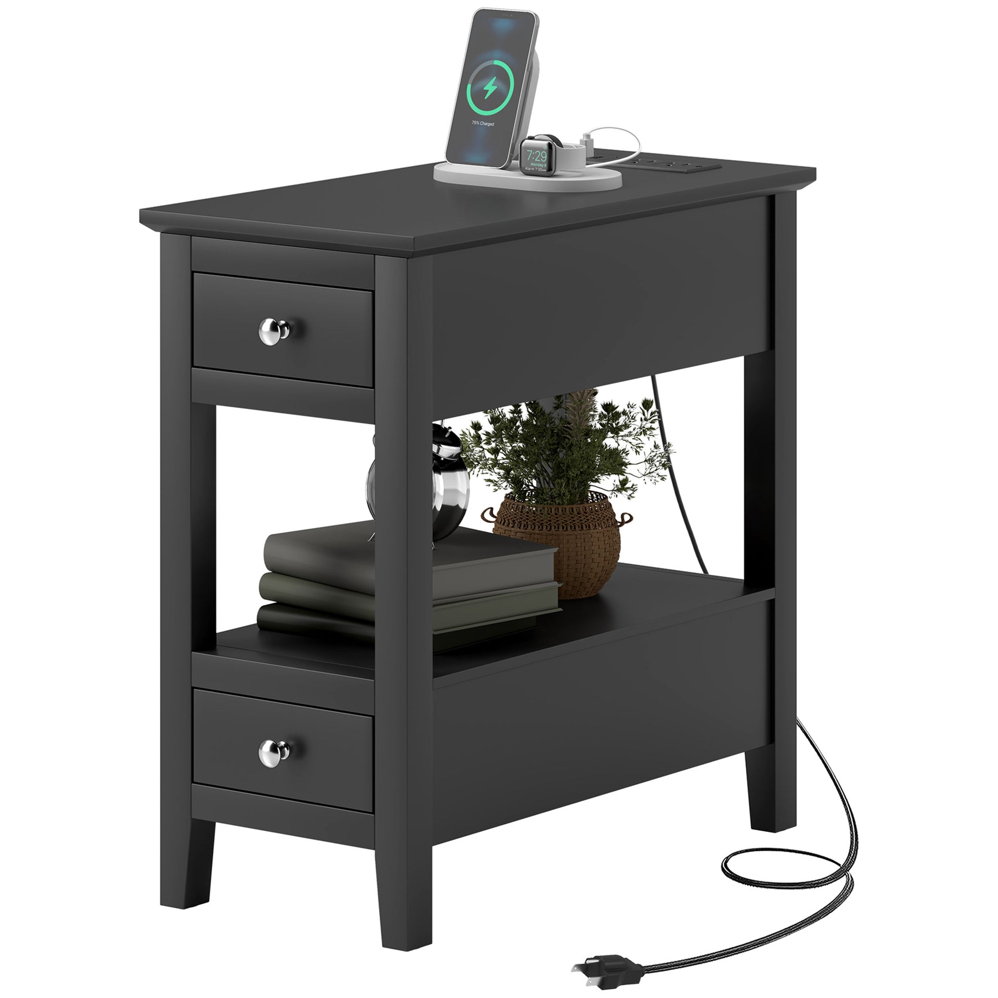 Narrow Side Table with Charging Station, USB Ports, Modern End Table with Storage Shelf, Drawers for Living Room, Black Side Tables   at Gallery Canada