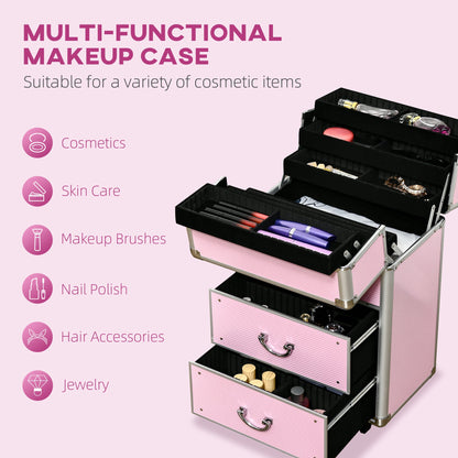 Rolling Makeup Train Case, Large Storage Cosmetic Trolley, Lockable Traveling Cart Trunk with Folding Trays, Swivel Wheels Makeup Cases   at Gallery Canada