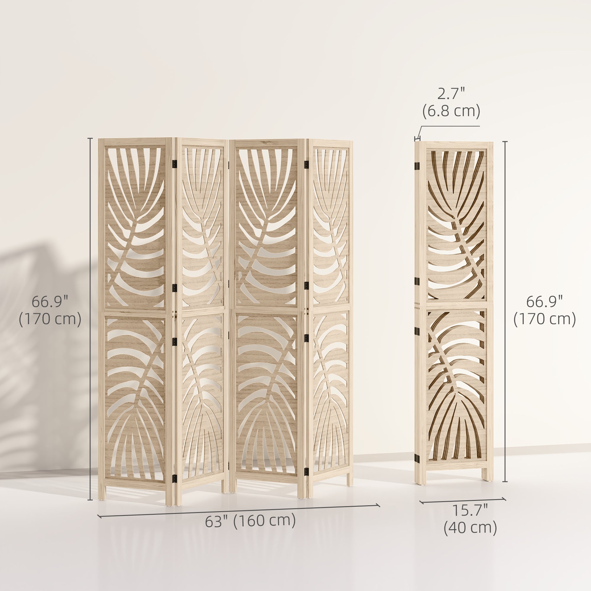 4 Panel Room Divider, Detachable Folding Privacy Screens with Palm Leaf Design for Home Office, Natural Wood Finish Room Dividers at Gallery Canada