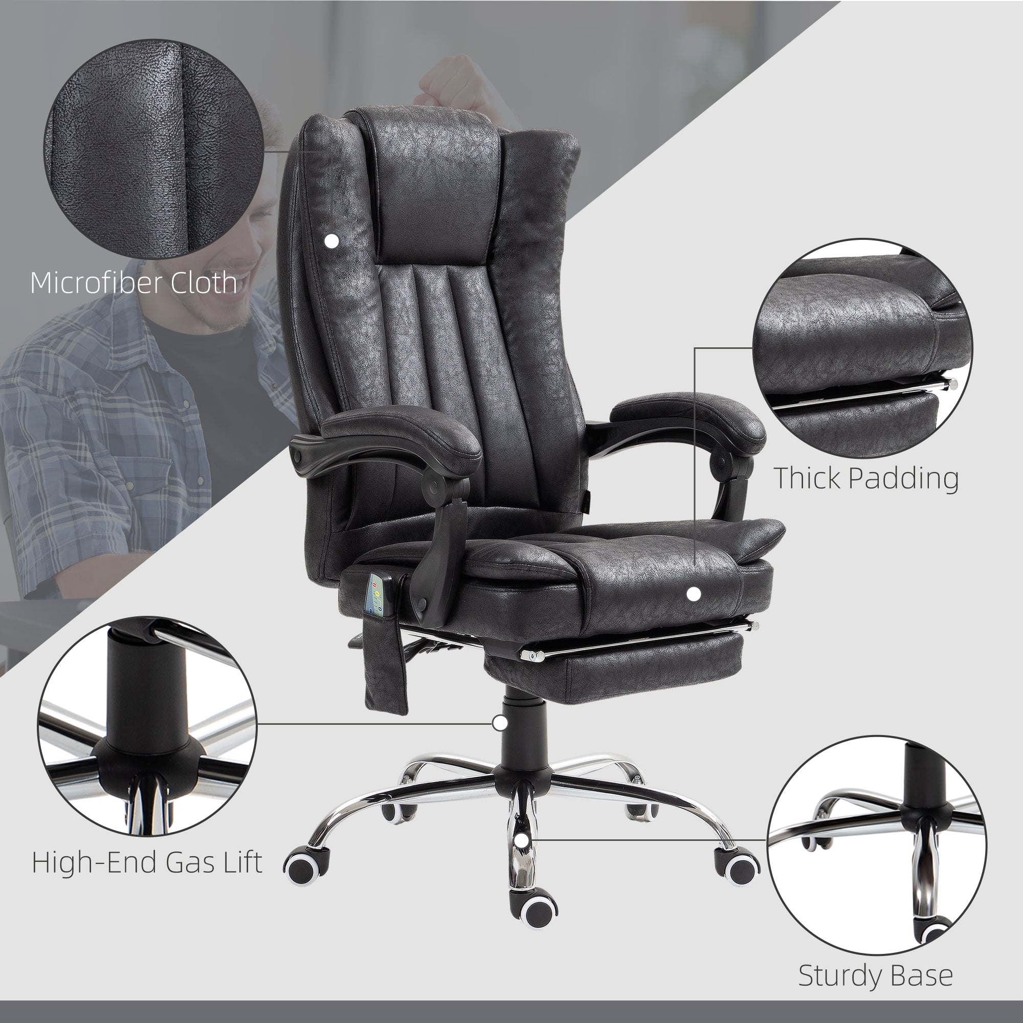 Office Chair 6-point Vibration Massage Chair Micro Fiber Recliner with Retractable Footrest Black Massage Chairs   at Gallery Canada