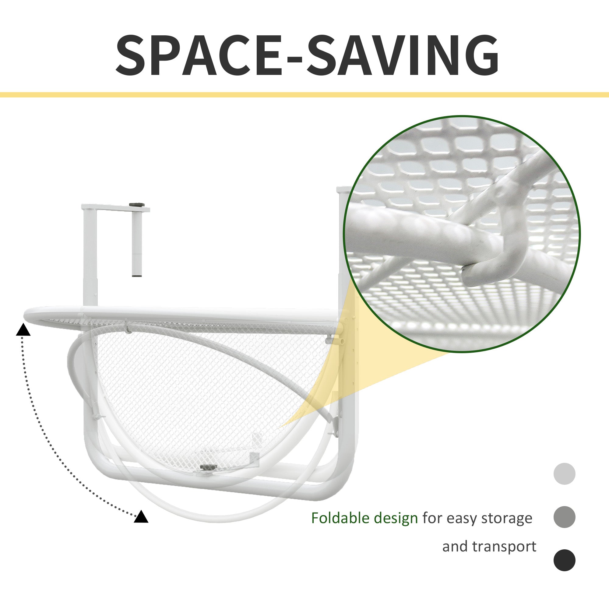 Adjustable Balcony Hanging Railing Table, Metal Mounting Mini Wall Desk Storage Rack, Outdoor Flower Stand Serving Table Half Round, White Balcony Table Hanging at Gallery Canada