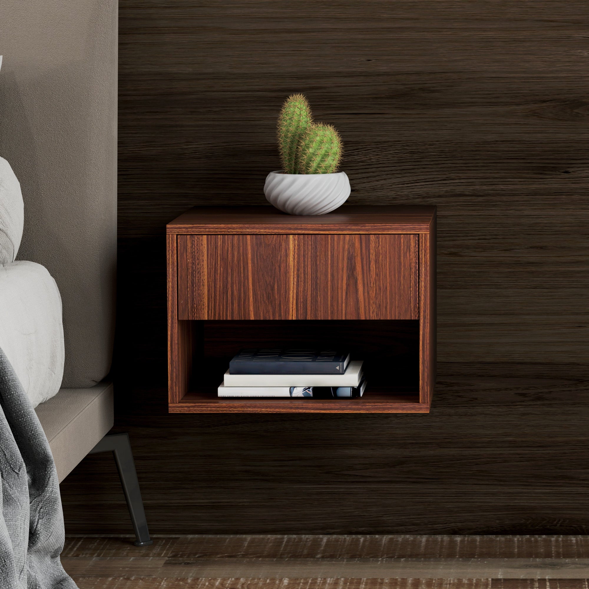 Floating Nightstand Set of 2, Wall Mounted Bedside Table with Drawer for Bedroom, Brown Bedside Tables at Gallery Canada