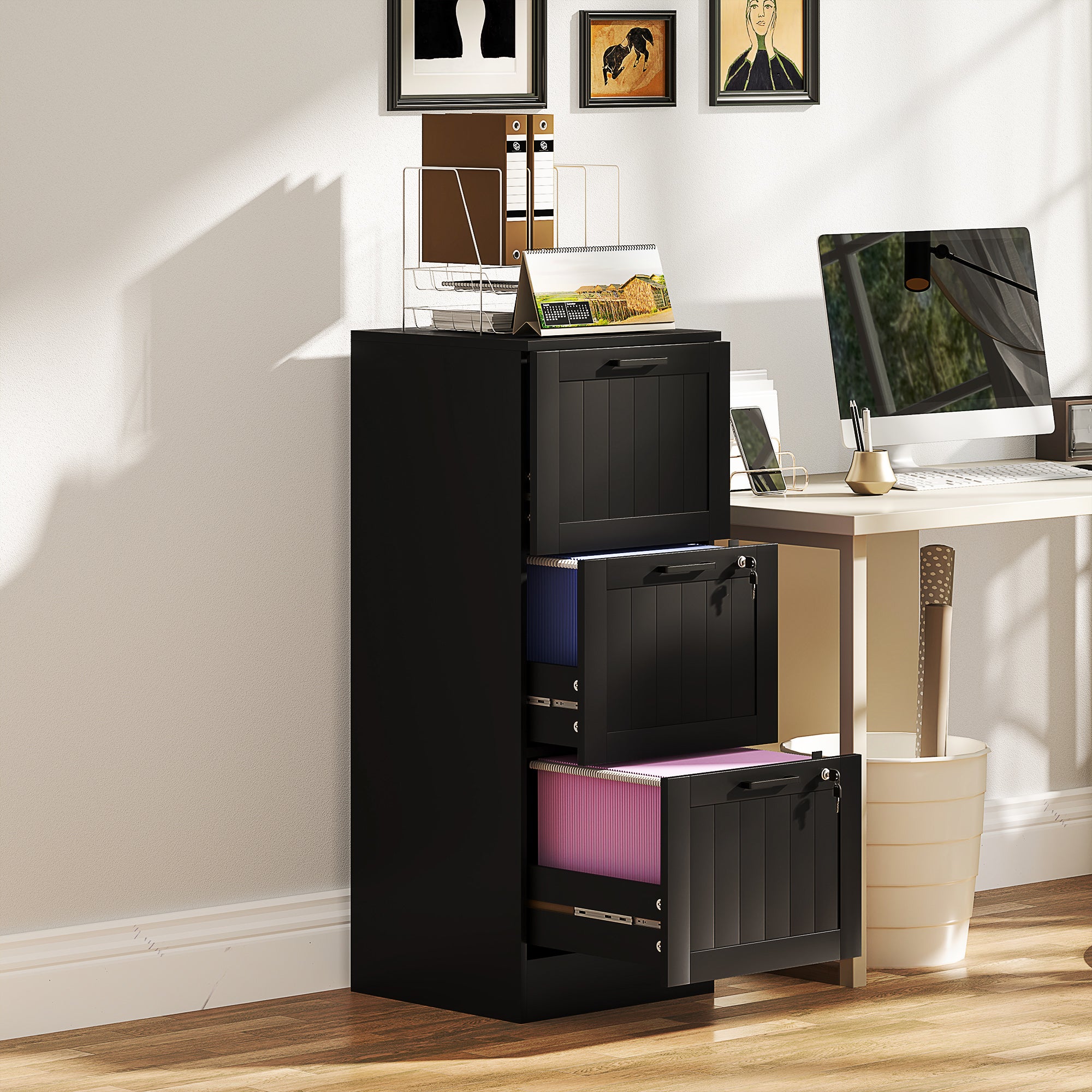 3 Drawer Filing Cabinet with Lock, Office Storage Cabinet with Adjustable Hanging Bars for A4 Letter Size Files, Black Office Cabinets & Cupboards at Gallery Canada