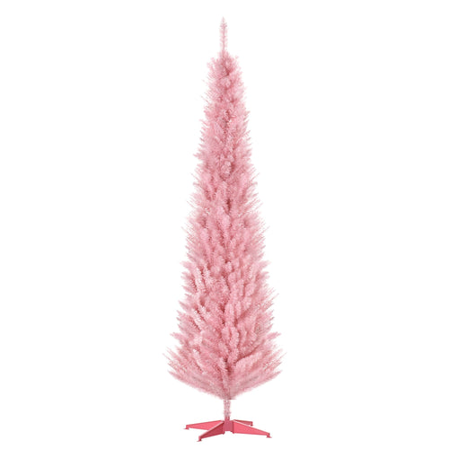 7' Pencil Christmas Tree, Slim Artificial Xmas Tree with Realistic Branches, Sturdy Metal Stand, Pink