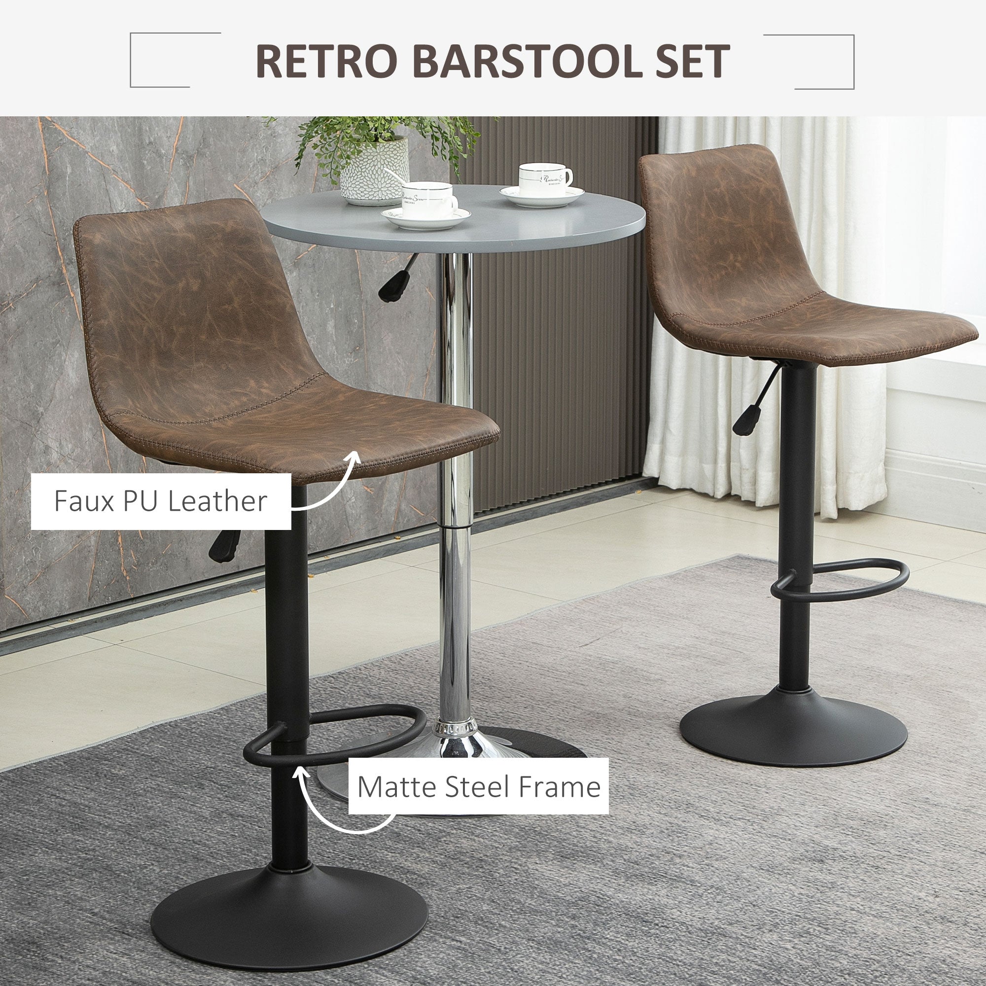 Adjustable Counter Height Bar Stools Set of 2, 360° Swivel Kitchen Counter Stools Dining Chairs with Backs, Vintage Leather, Brown Bar Stools   at Gallery Canada