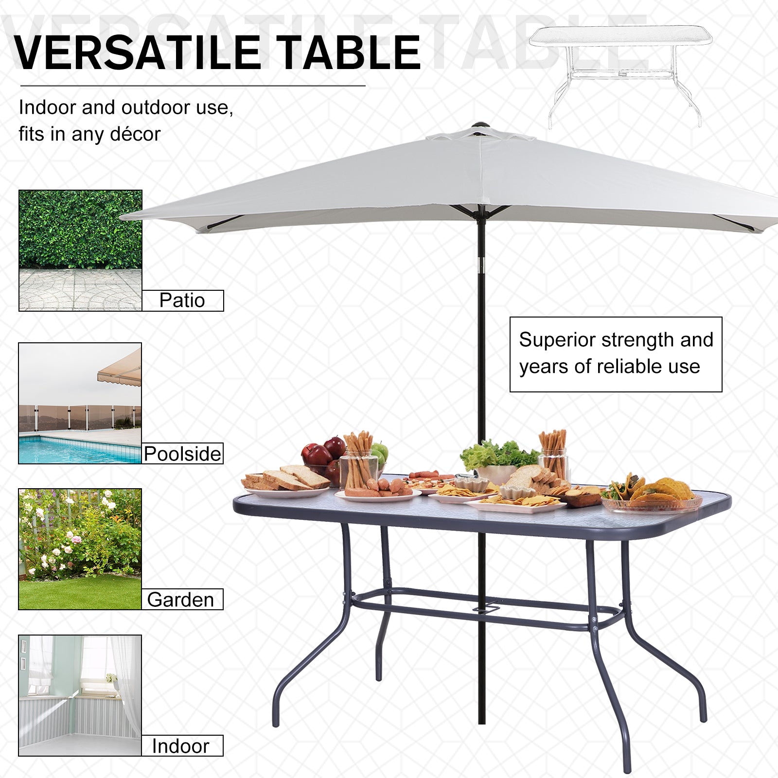 Metal Garden Dining Tables Outdoor Patio w/ Tempered Glass Top, Umbrella Hole, 55