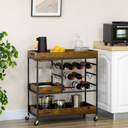 3-Tier Kitchen Cart on Wheels with Handles Wine Racks Glass Holders Rustic Brown Kitchen Islands & Kitchen Carts   at Gallery Canada