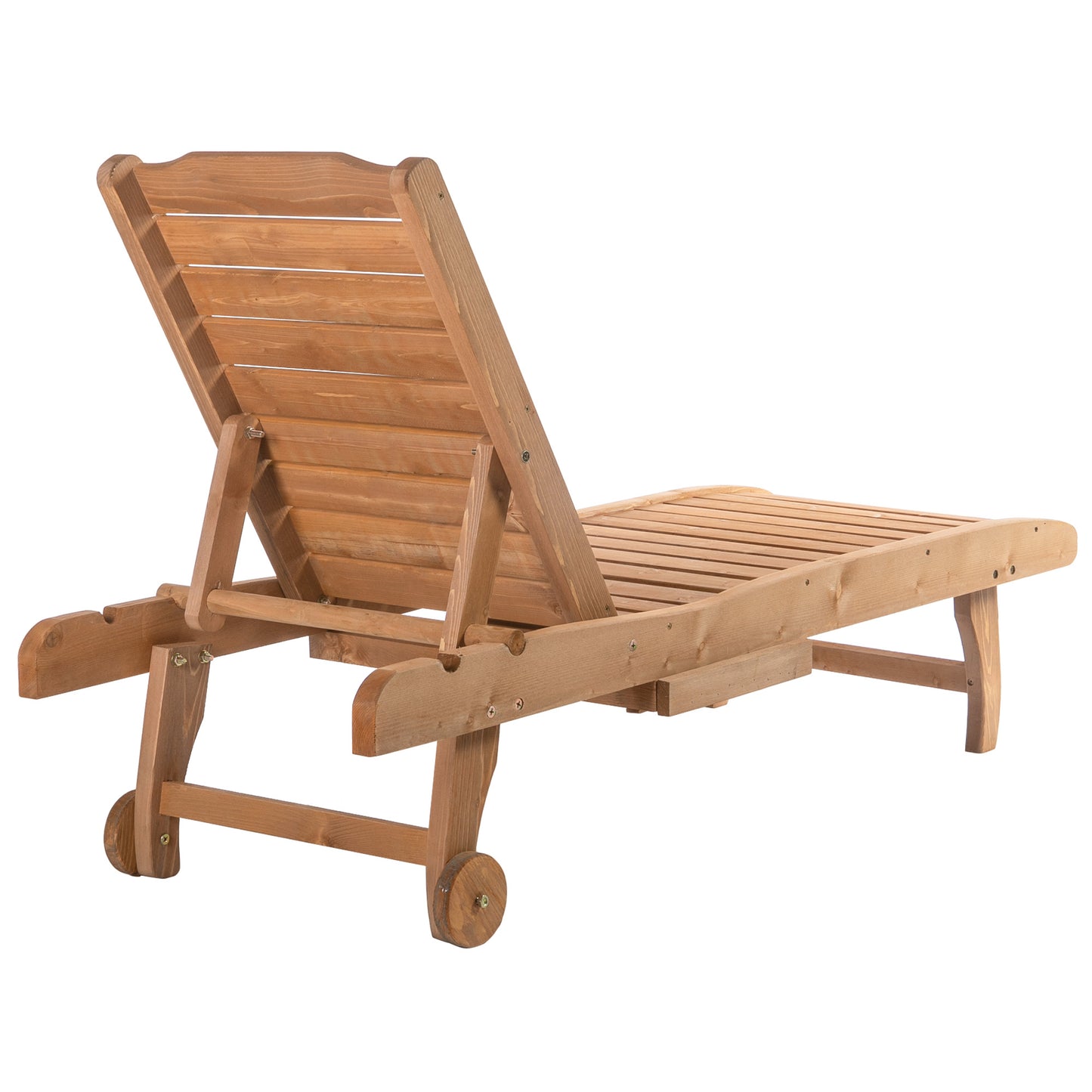 Wooden Outdoor Lounge Chair, Adjustable Patio Outdoor Chaise Recliner Garden Furniture, Tanning Chair with Pull-out Tray and 2 Wheels, Brown Chaise Loungers   at Gallery Canada