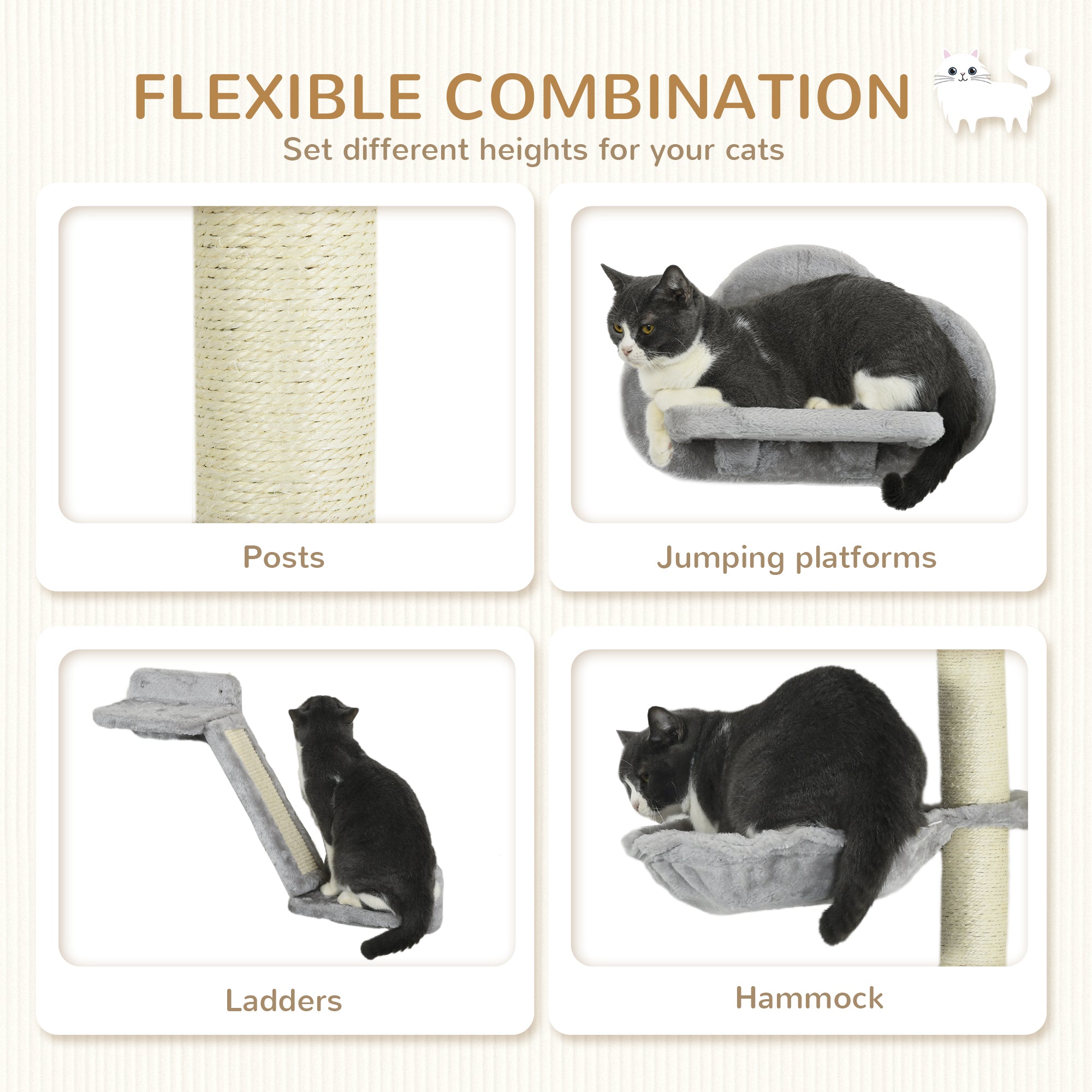 3PCs Cat Shelves with Hammock, Scratching Posts, Platforms, Grey Cat Climbing Wall   at Gallery Canada