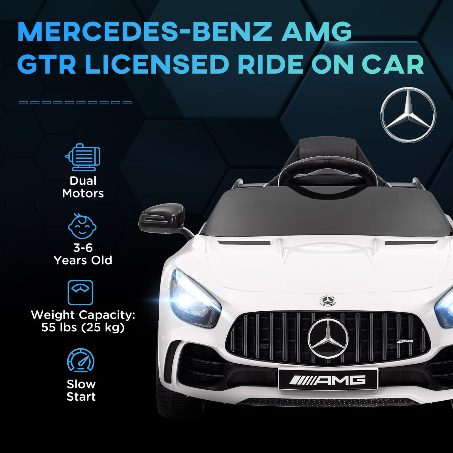 Mercedes-Benz AMG GTR Licensed 12V Battery Powered Kids Electric Car w/ Remote, Soft Start, Lights, Music Horn White Electric Toy Cars   at Gallery Canada