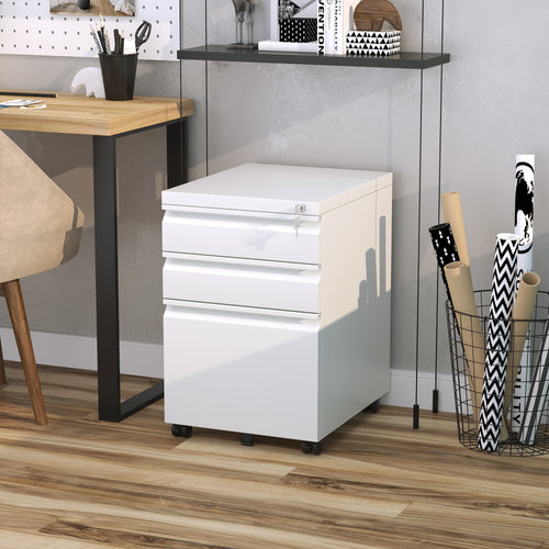 3 Drawer Filing Cabinet, Lockable Office Storage Cabinet on Wheels for Legal, Letter, A4 Files, White