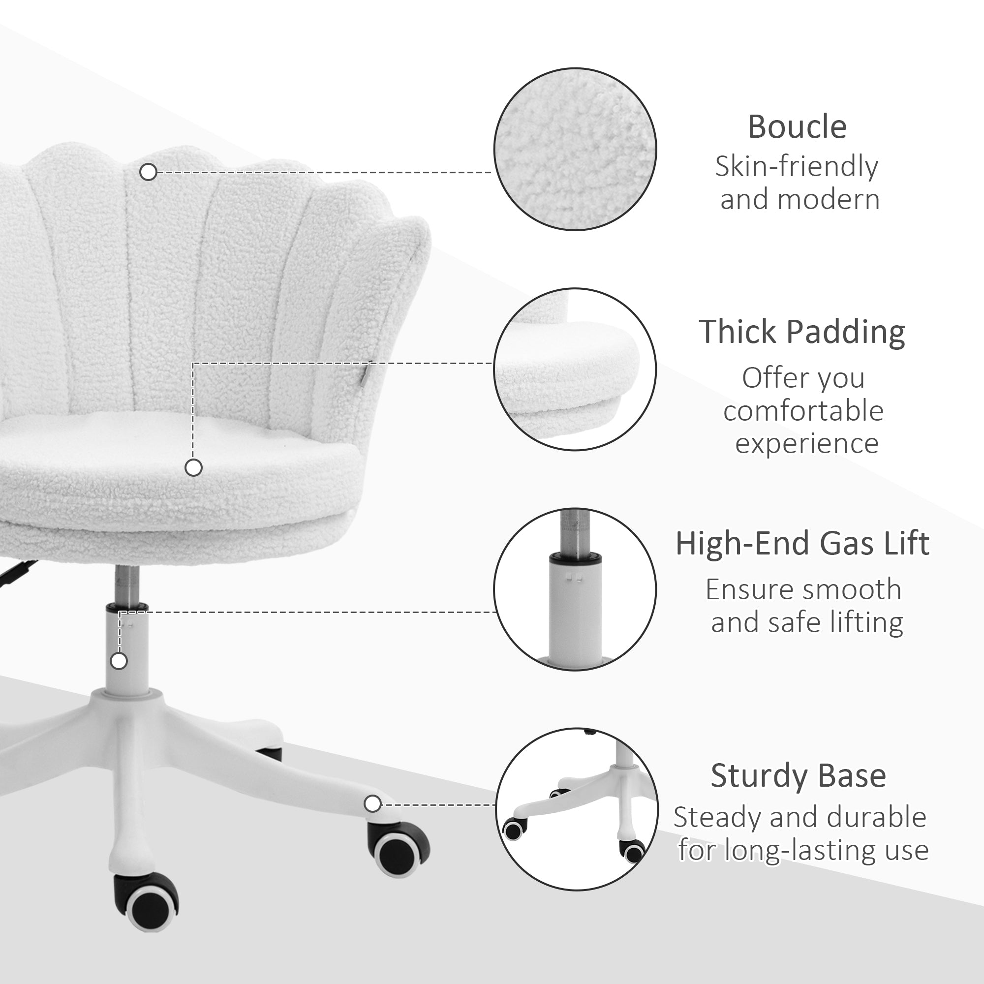 Adjustable Height Study Chair, Mid Back Berber Fleece Office Chair with Swivel Wheels for Living Room, Study, White Task Chairs at Gallery Canada