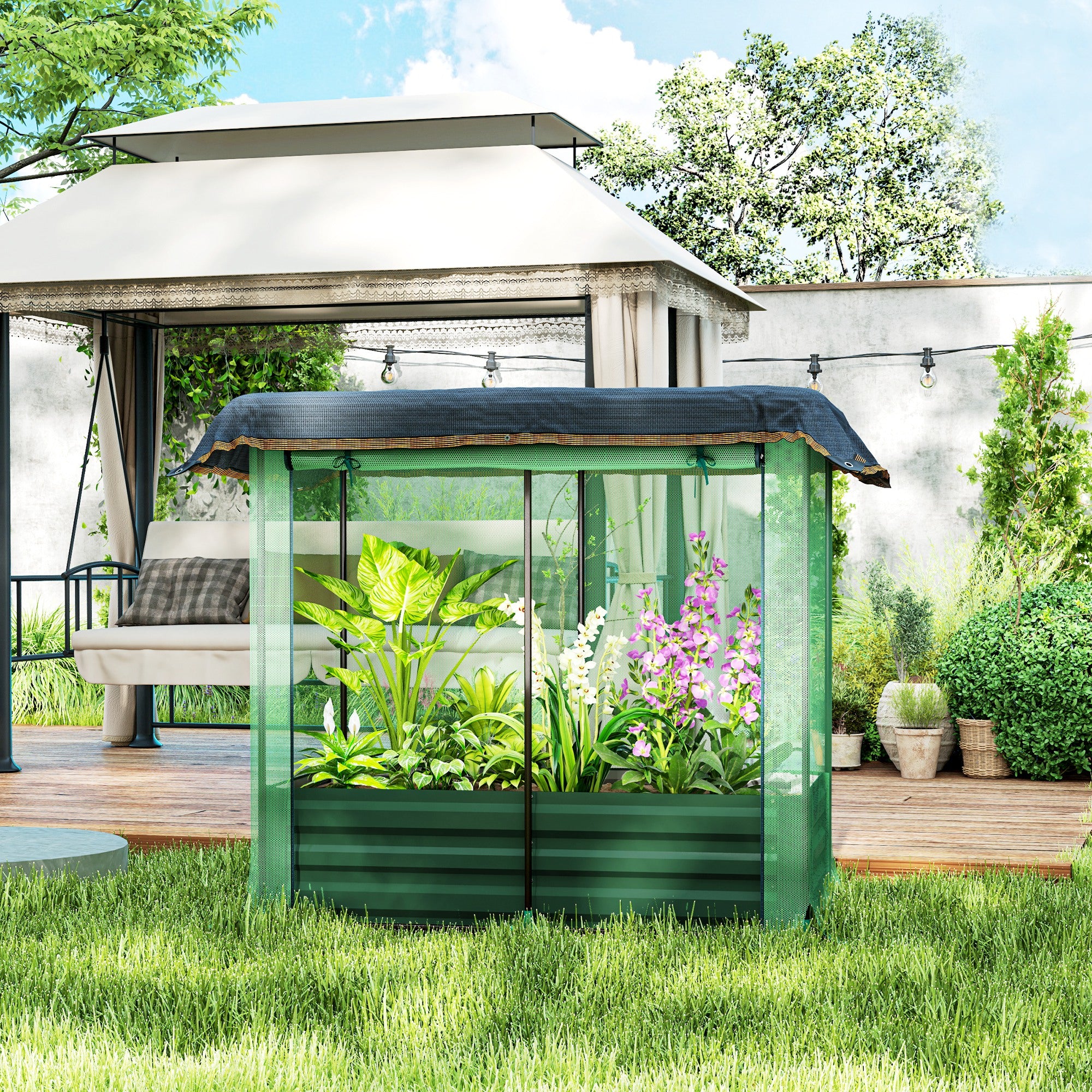 Galvanized Steel Planter Box with Crop Cage and Shade Cloth, Raised Garden Bed for Flowers, Vegs and Herbs, Green Raised Garden Beds at Gallery Canada