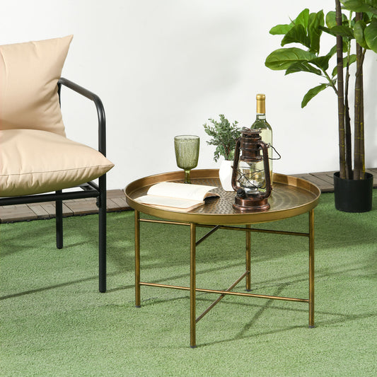 Vintage Coffee Table for Living Room, 24" Round Center Table with Hammered Tray Top and Metal Frame, Gold Coffee Tables   at Gallery Canada