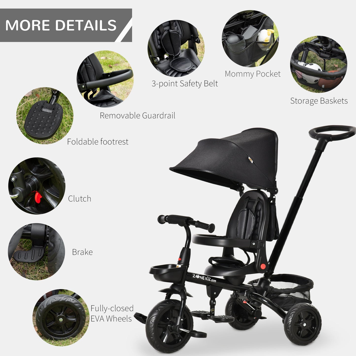 4-in-1 Baby Tricycle with Adjustable Seat, Handle, Canopy, Storage, Black Tricycles for Kids   at Gallery Canada