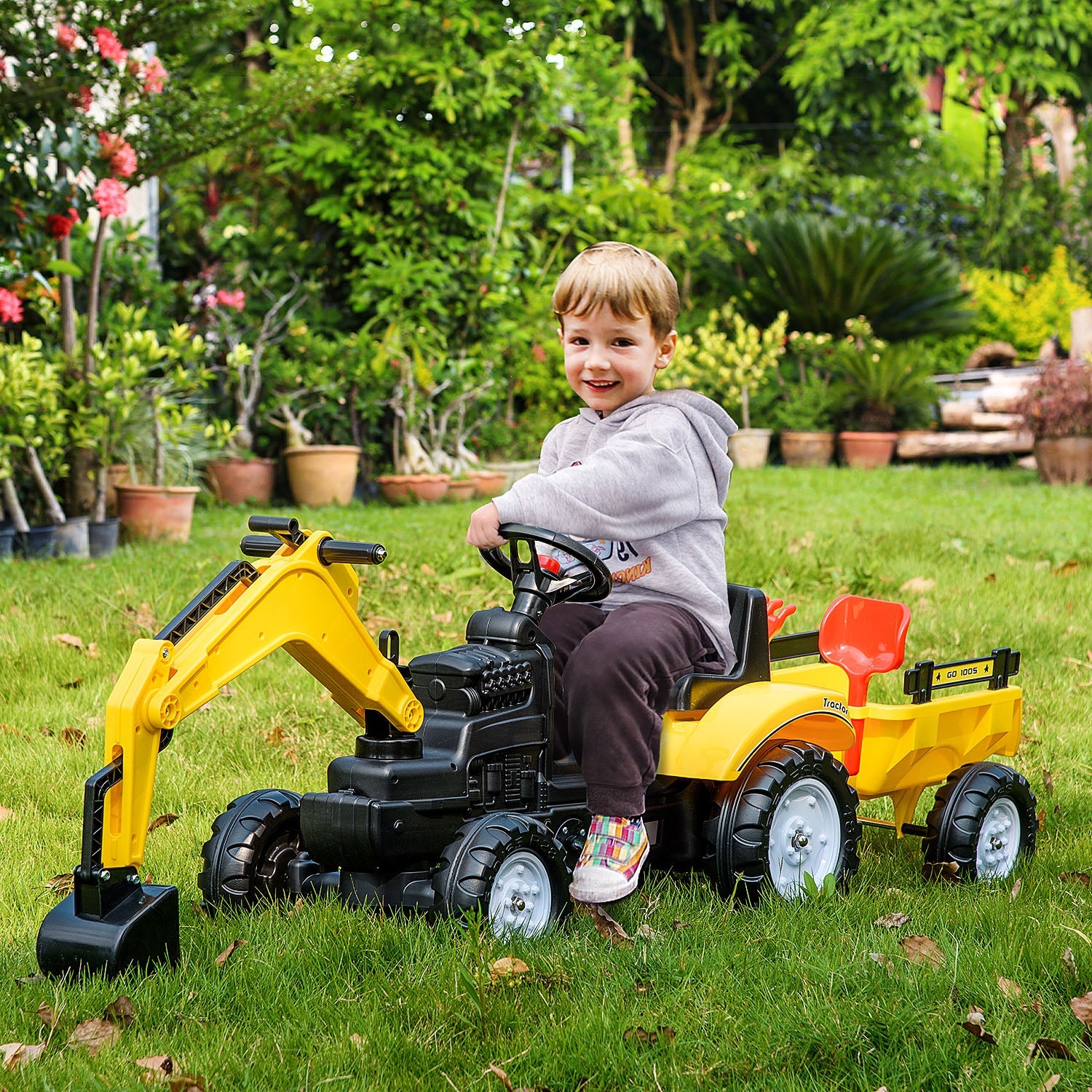 Ride-on Toy Pedal Digger Construction Car with Horn &; Detachable Trailer, Yellow Toy Excavators   at Gallery Canada