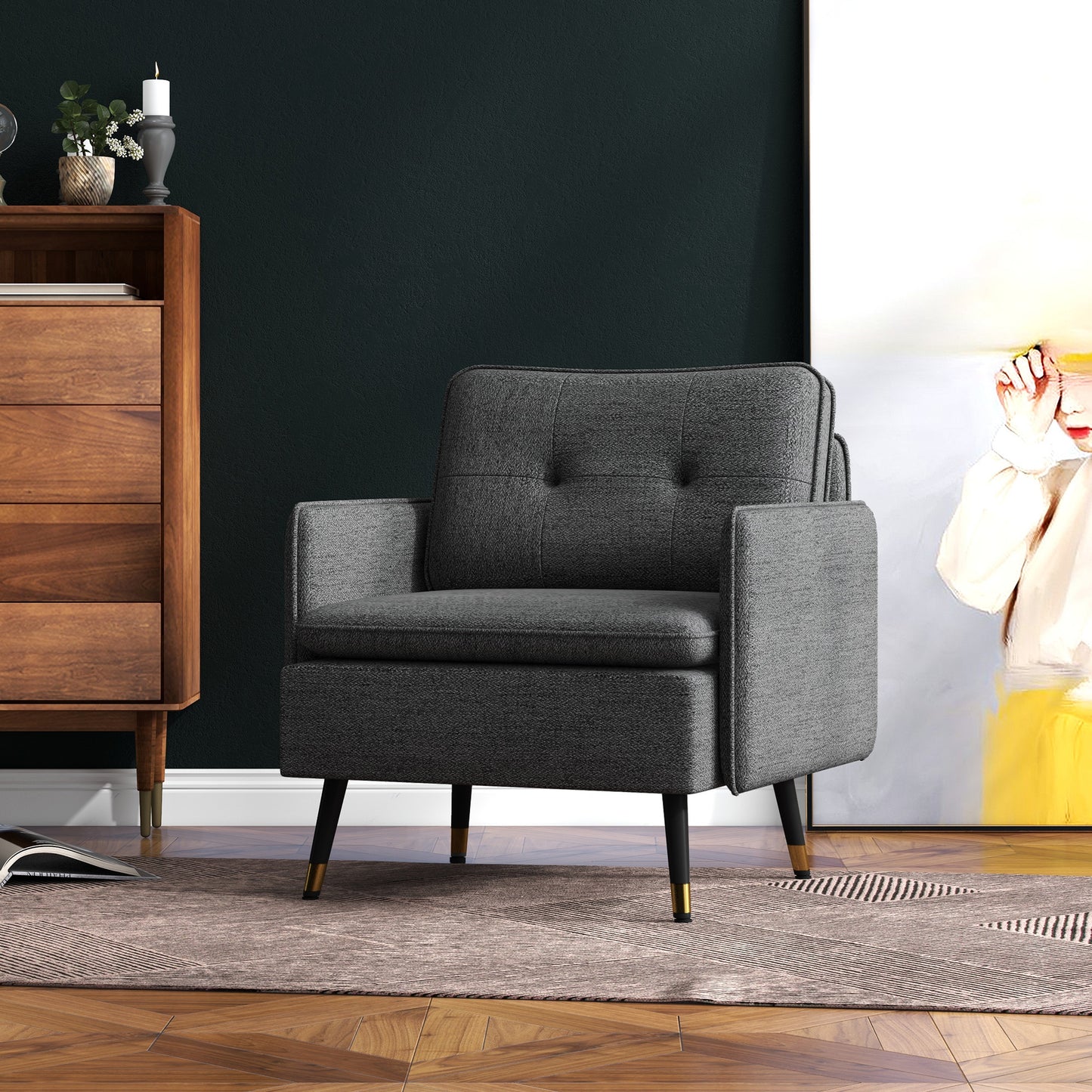 Modern Armchair, Upholstered Accent Chair with Tufted Back Cushion and Steel Legs for Living Room, Bedroom, Dark Grey Accent Chairs   at Gallery Canada