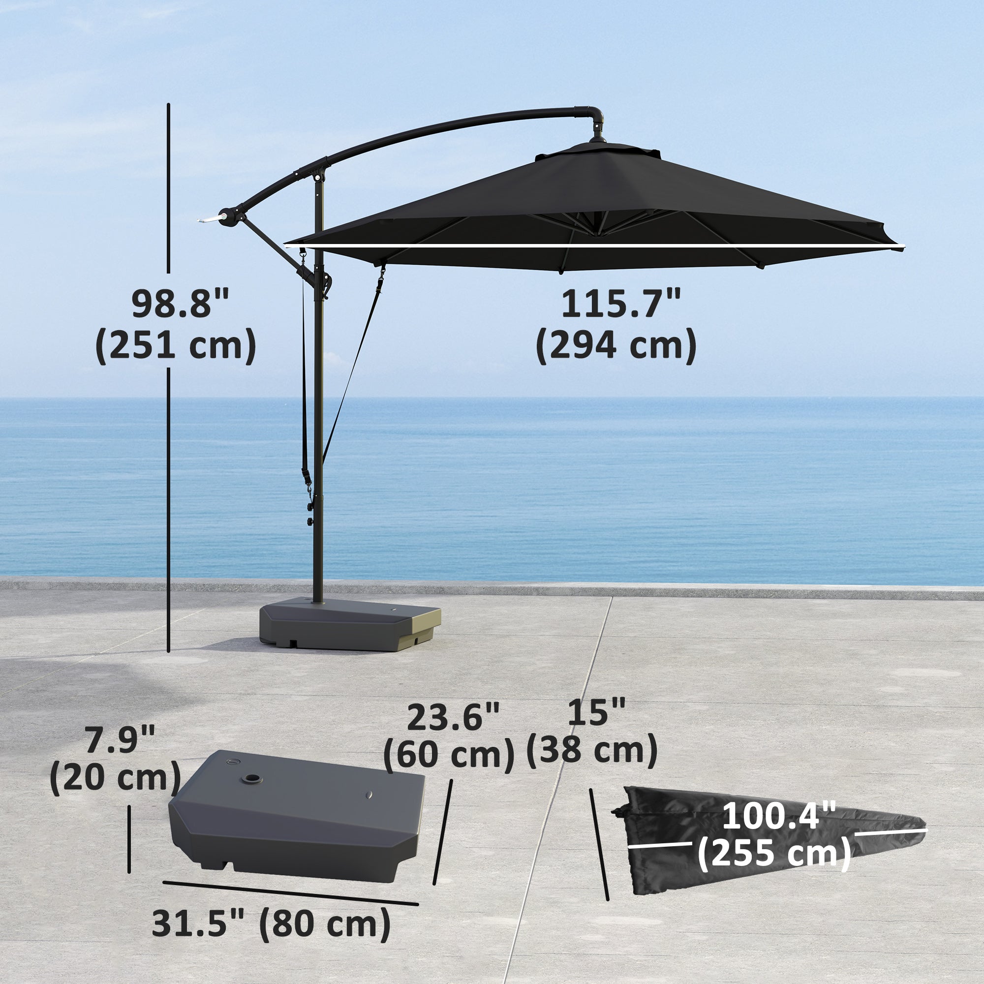 10FT Cantilever Umbrella with Fillable Base, Wind Strap and Cover, Offset Hanging Umbrella with Crank, UPF50+, Grey Offset Cantilever Umbrellas at Gallery Canada