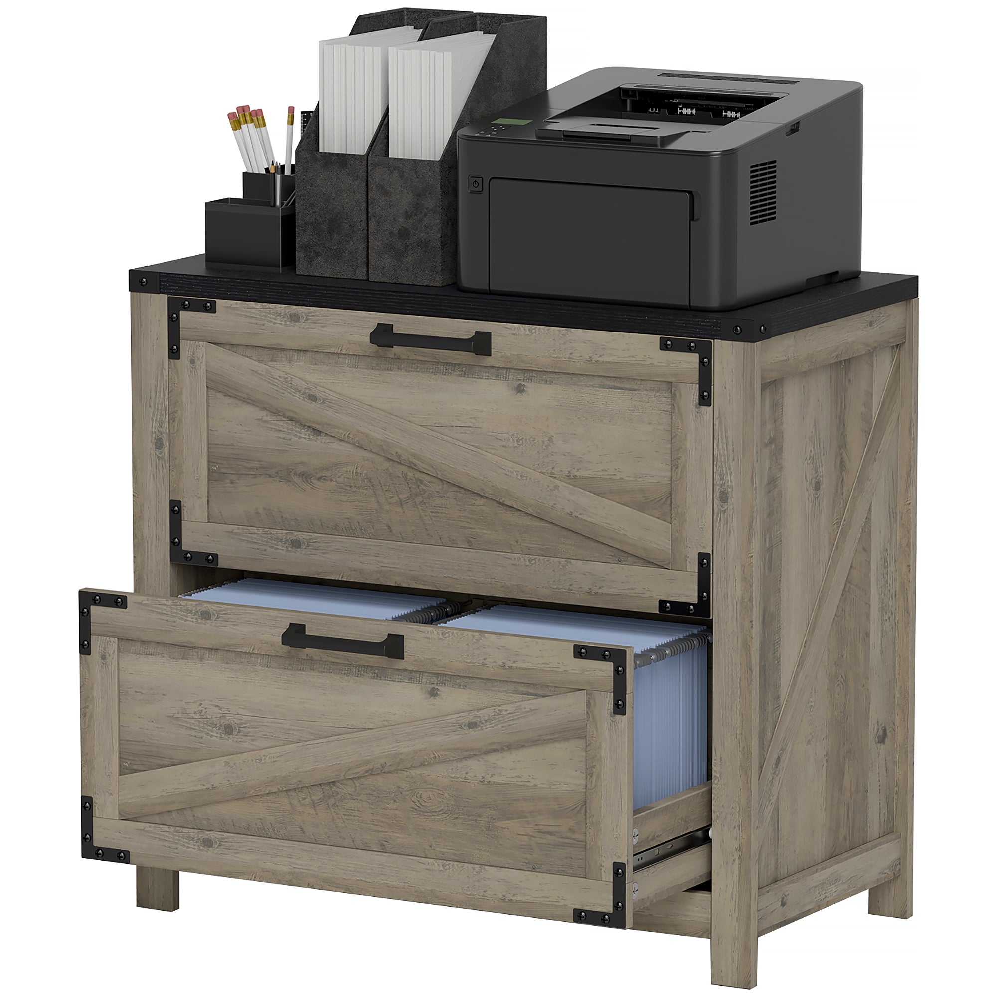 2 Drawer Filing Cabinet, Farmhouse Office Storage Cabinet with Adjustable Hanging Bars for Letter, A4, Legal Size, Grey Office Cabinets & Cupboards Grey Wash at Gallery Canada