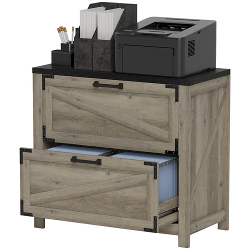 2 Drawer Filing Cabinet, Farmhouse Office Storage Cabinet with Adjustable Hanging Bars for Letter, A4, Legal Size, Grey