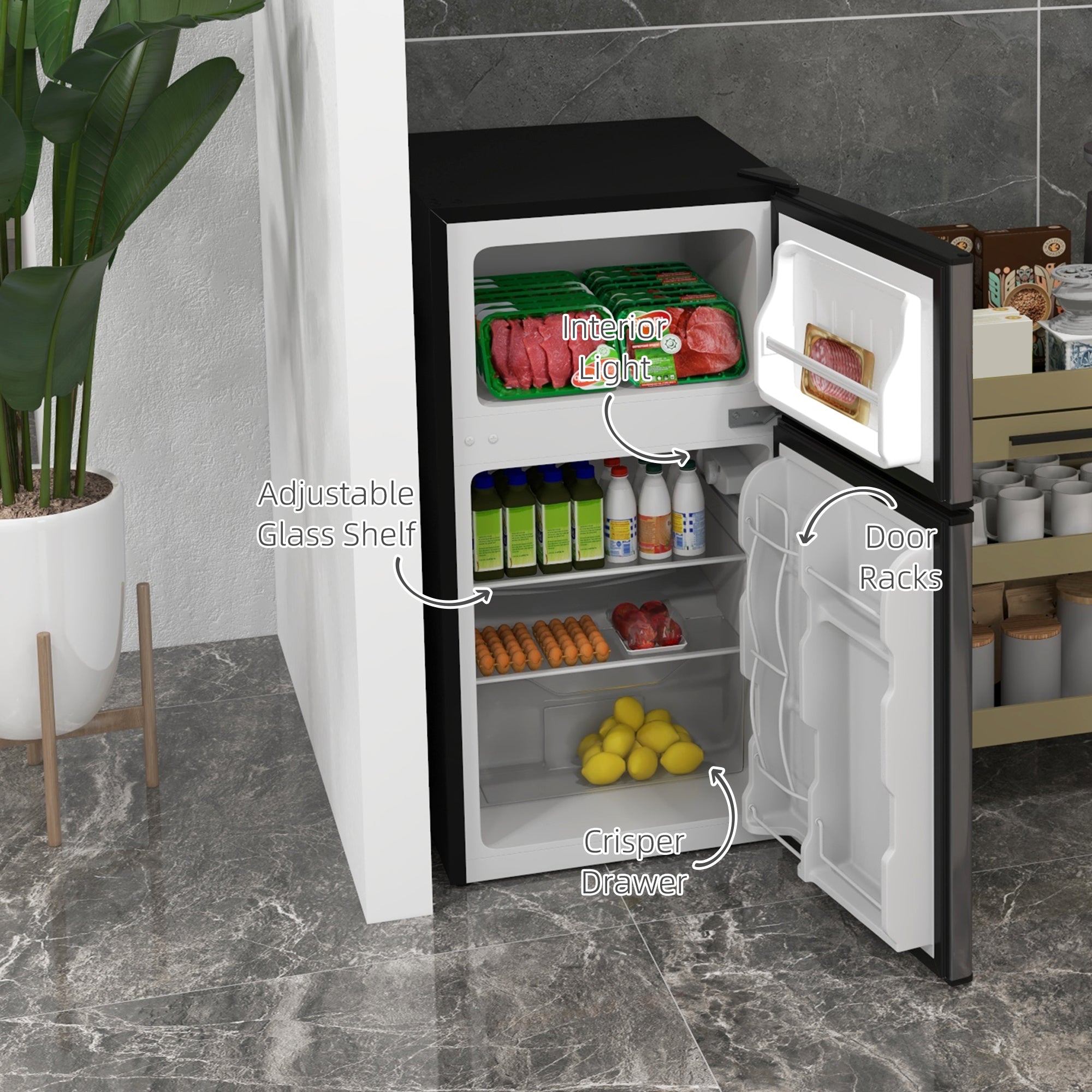 3.2 Cu Ft Compact Refrigerator, Mini Fridge with Freezer, Adjustable Shelves and Reversible Doors for Bedroom, Silver Small Kitchen Appliances at Gallery Canada