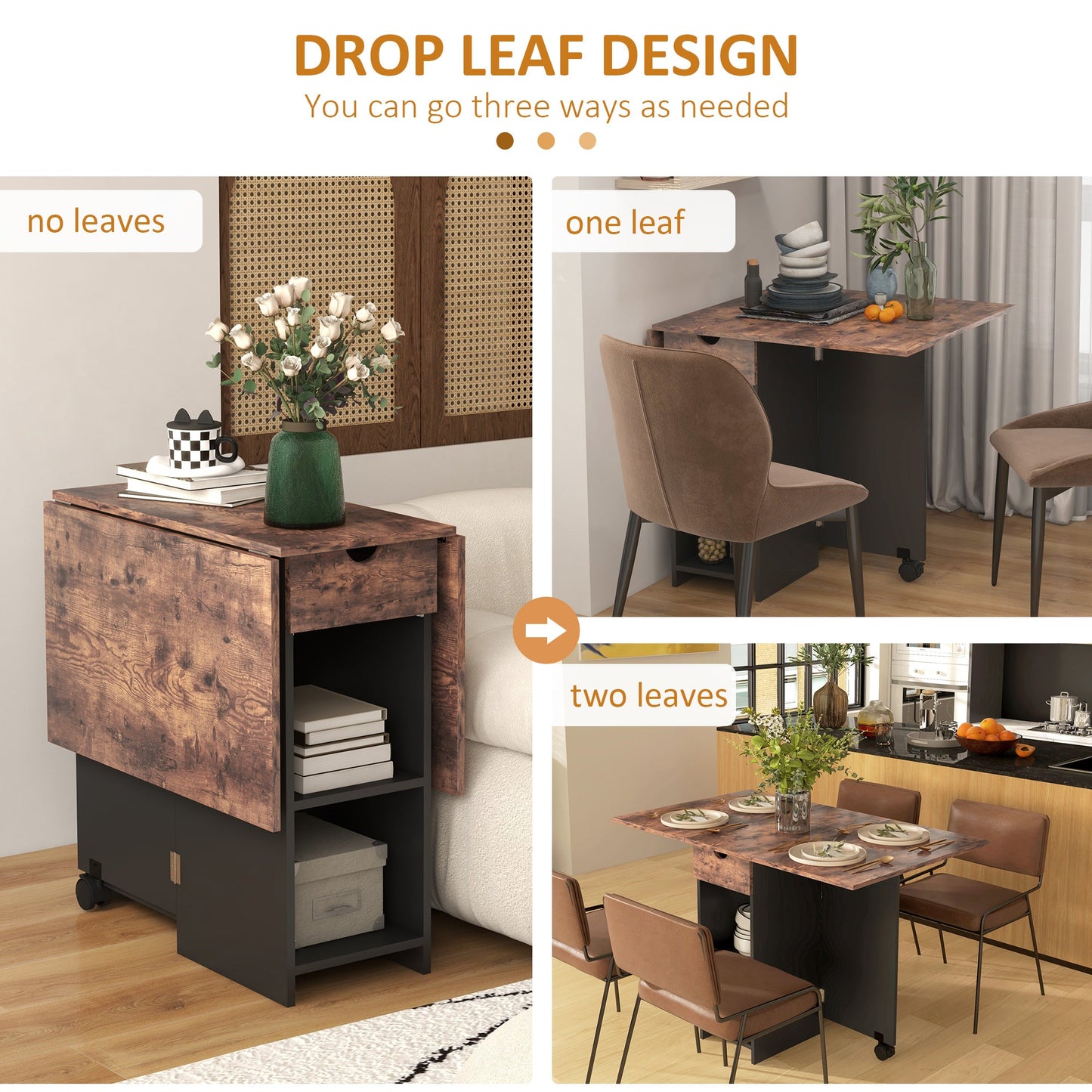 Folding Dining Table with Storage, Drop Leaf Kitchen Table with Drawer and Shelves for Small Spaces, Rustic Brown Bar Tables & Dining Tables   at Gallery Canada