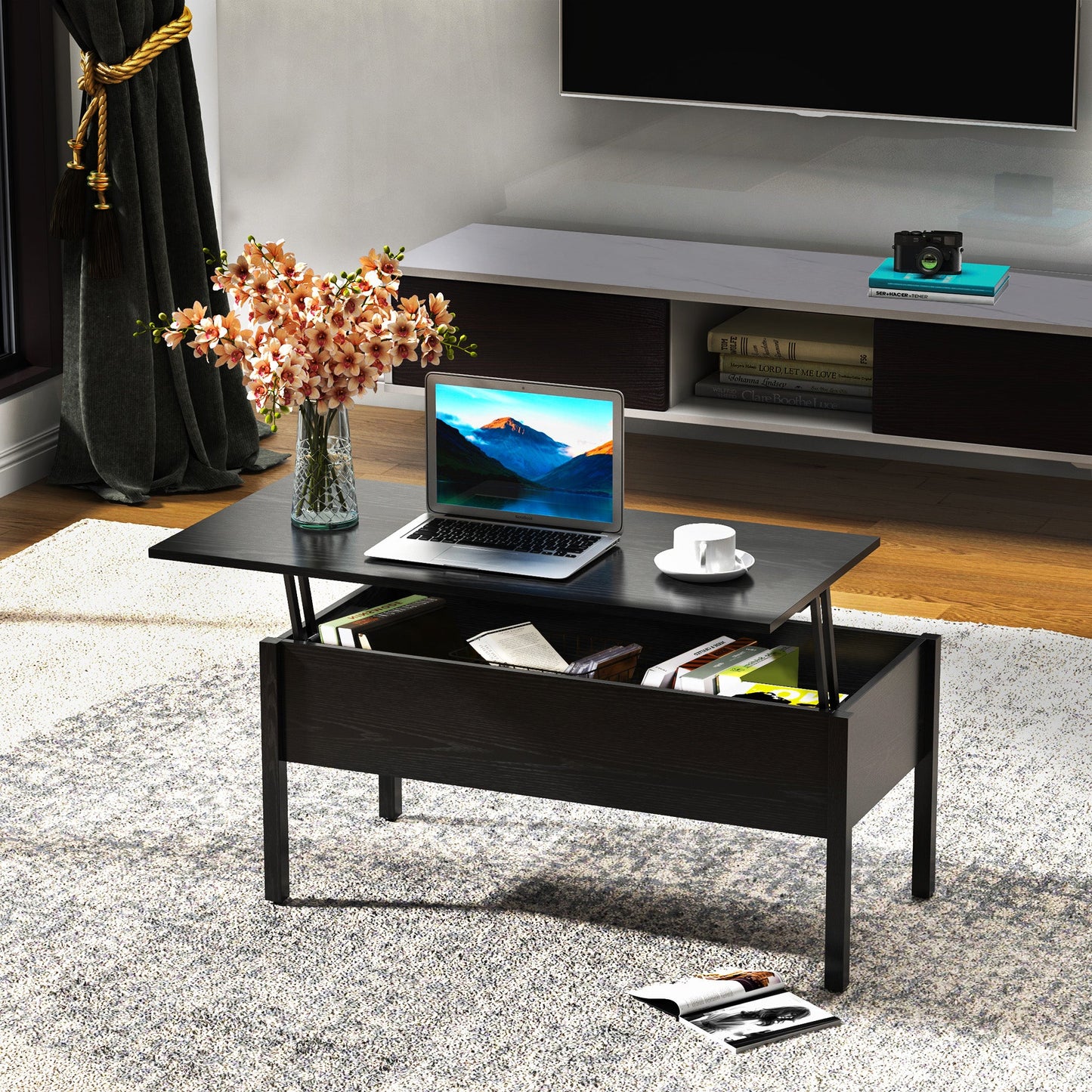 39" Modern Lift Top Coffee Table with Hidden Storage Compartment, Center Table for Living Room, Black Coffee Tables   at Gallery Canada