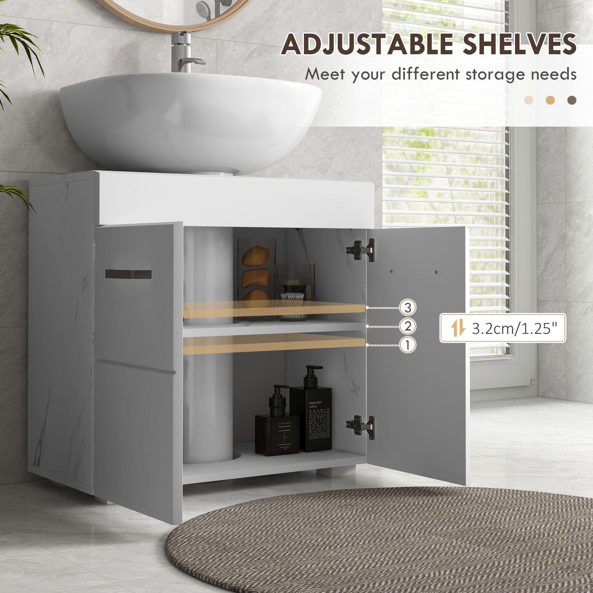 Bathroom Vanity Under Sink Cabinet, Pedestal Cabinet Storage with Double Doors and Adjustable Shelf, White Marbling Bathroom Cabinets   at Gallery Canada