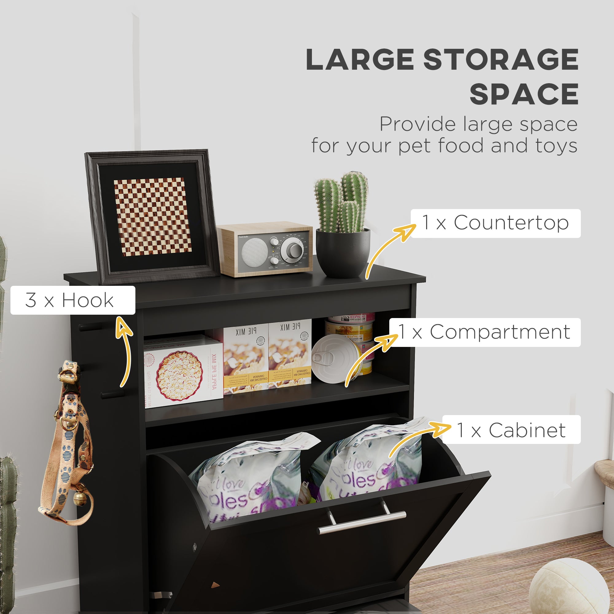 Pet Feeder Station Storage Cabinet, Dog Food Storage Container with Dog Raised Bowls, Watering Supplies, Black Dog Bowls at Gallery Canada