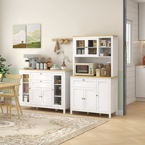Buffet Cabinet Sideboard with 2 Drawers, 3 Storage Cabinets, Glass Doors and Adjustable Shelves, White