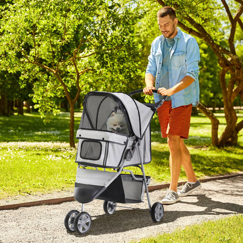 3 Wheels Foldable Dog Stroller with Storage Basket, Adjustable Canopy, Cupholder for Miniature and Small Dogs, Grey
